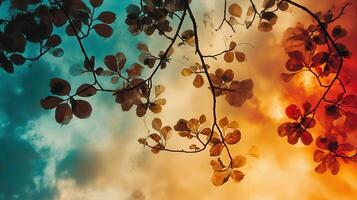 Tropical leaves silhouette, vibrant sunset sky, nature background, website design photo