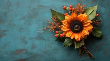 Autumn sunflower bouquet, teal background, fall decor, greeting card design photo