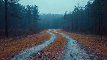 Misty forest road curving through autumn woods photo