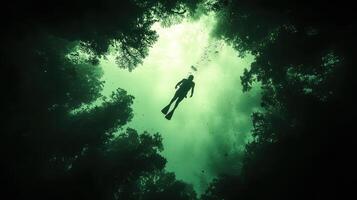 Underwater diver silhouetted, cenote exploration, light above, dark water photo