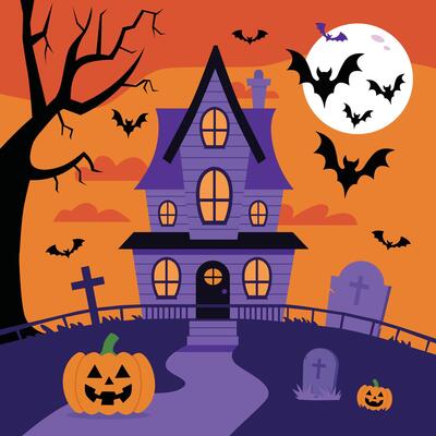 Spooky haunted house with bats
