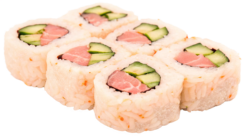 Sliced rolls of maki sushi with cucumber and tuna, isolated on a transparent background png