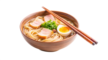 Traditional ramen bowl with chopsticks, captured in soft natural light png