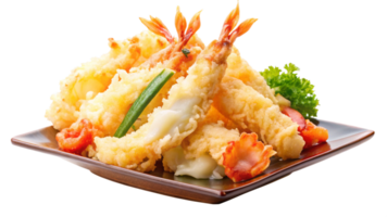 Close-up of tempura shrimp and vegetables, crispy and golden, isolated on a transparent background png