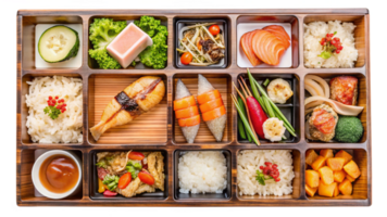 Aerial view of a bento box with various Japanese dishes, isolated on a transparent background png
