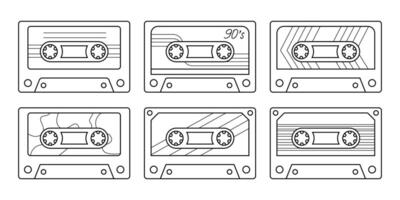 Linear music tapes set on white background. Isolated collection of contour retro cassettes for coloring pages vector