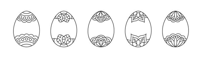 Linear Easter Eggs with floral hand drawn ornaments. Outline spring coloring page vector