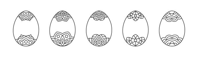 Linear Easter Eggs with floral fancy ornaments. Outline spring coloring page vector