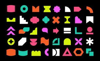 Brutalist abstract geometric shapes. Set of neon simple geometric shapes on black background vector