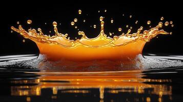 Orange liquid splash, dark background, advertising photo