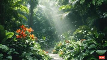 Sunlit Jungle Path, Lush Foliage, Tropical Plants, Background Wildlife, Nature Wallpaper photo