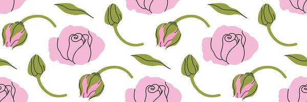 Minimalistic flowers seamless pattern. Delicate pink rose with stem and leaves, small bud. Botanical spring illustration. vector