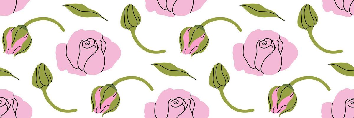 Minimalistic flowers seamless pattern. Delicate pink rose with stem and leaves, small bud. Botanical spring illustration.