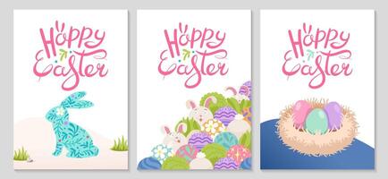 Simple Easter poster set with rabbit and Fluffy birds nest with colored eggs. Happy Easter lettering. Simple vertical greeting backgrounds for invitations. Folk style. flat illustration. vector