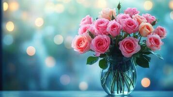 Pink roses bouquet in glass vase, window bokeh background, romantic gift photo