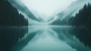 Misty mountain lake reflection, serene landscape photo