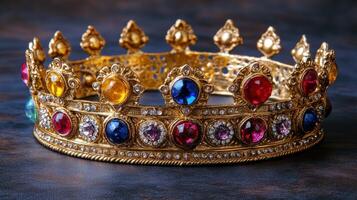 A gold crown with colorful stones on it photo