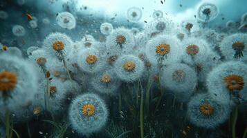 Dandelions blowing in wind, field, dreamy sky, nature wallpaper photo