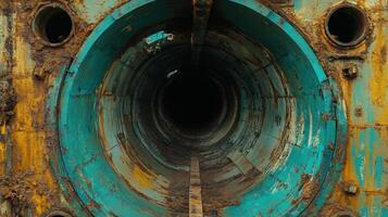 A rusty pipe with a blue and yellow color photo
