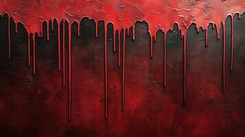 Red paint dripping on dark wall, horror background photo