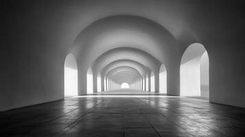 Archway corridor, bright light, minimalist, modern architecture, background, design photo