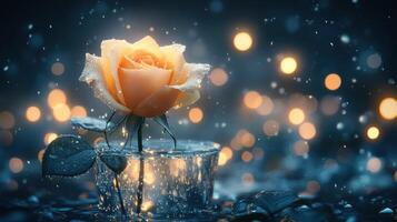 Single peach rose in glass, rain, bokeh lights. Romantic card, website photo