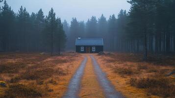 Lonely cabin, misty forest path, autumn landscape, serene nature scene, travel poster photo