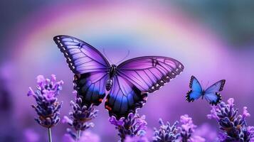 Two purple butterflies on lavender flowers with a rainbow in the background photo