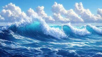 Ocean waves crashing under sunny sky, background clouds photo