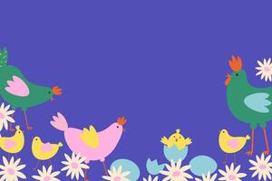 Paschal cute banner with chickens, eggs, flower, bird nest for text. Design border for Easter, spring Christian motif in flat style. Hand drawn coloured festive card for web, print vector