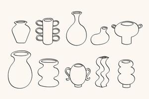 Set with sketches of Ceramic Vases and terracotta pots. Collection with different Pottery Clay Jar in line art style. Hobby and crockery decor. Hand Drawn Illustration on isolated background vector