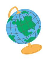 Colorful flat illustration of a globe with a golden stand, featuring simplified continents and latitude-longitude lines, perfect for educational, travel, and geography-related designs vector