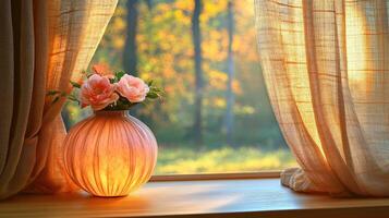 Autumnal flowers in vase, window view, sunlight, fall foliage, home decor photo