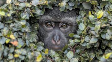Monkey peeking through leaves in jungle photo