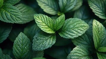 Fresh mint leaves close-up, garden background, food drink use photo