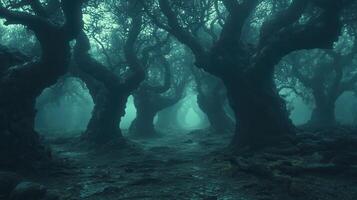 Mysterious foggy forest path, dark trees, eerie background, fantasy setting photo