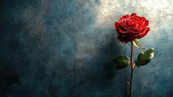 Single red rose against dark blue textured background. Perfect for romantic cards photo