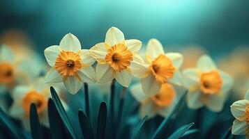 Spring daffodils bloom in garden, blurred background, nature scene, greeting card photo