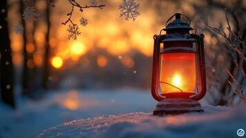 Winter sunset, snow, glowing lantern, forest background, holiday card photo