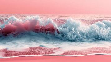 A pink and white beach with a wave photo