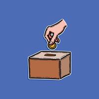A hand inserting a coin into a box, symbolizing charity, donations, or giving. Simplistic illustration with bright colors conveying generosity and support. vector