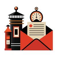 Post Office Concept - Envelope with arrival time showing along post office boxes vector