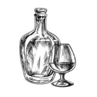 A bottle and a glass of cognac. A hand-drawn graphic illustration. Black and white image of an alcoholic beverage. Separate from the background. Perfect for menus, banners, flyers, packages. vector