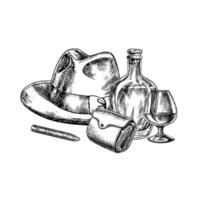 Cognac, expensive cigarettes, a purse and a man s hat. A hand-drawn graphic illustration. Black and white image with a men s theme. A rich and well-off man. For banner, flyer, invitation vector