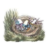 A nest on the grass with Easter eggs, decorated with willow bows and forget-me-nots. watercolor illustration in vintage style. For making greeting cards and invitations for Easter. vector