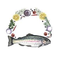 Trout with lemon and vegetables. A watercolor illustration. A color image of a fish dish in the form of an arched frame. On a white background. For menus, recipe books, packages. vector