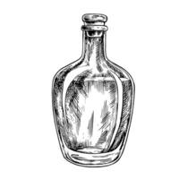 A bottle of cognac. A hand-drawn graphic illustration. Black and white image of an alcoholic beverage. Separate from the background. Perfect for menus, banners, flyers, packages, labels. vector