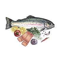 Trout, whole and sliced, with lemon and vegetables. A watercolor illustration. A color image of a fish dish. On a white background. For menus, recipe books, packages, labels. vector