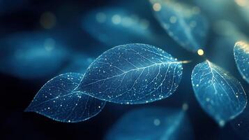 Glowing blue leaves, nature background, science concept, website banner photo