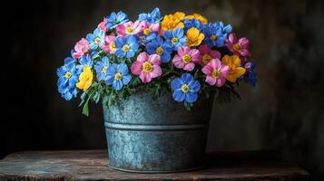 Colorful flowers in rustic bucket on wooden table photo